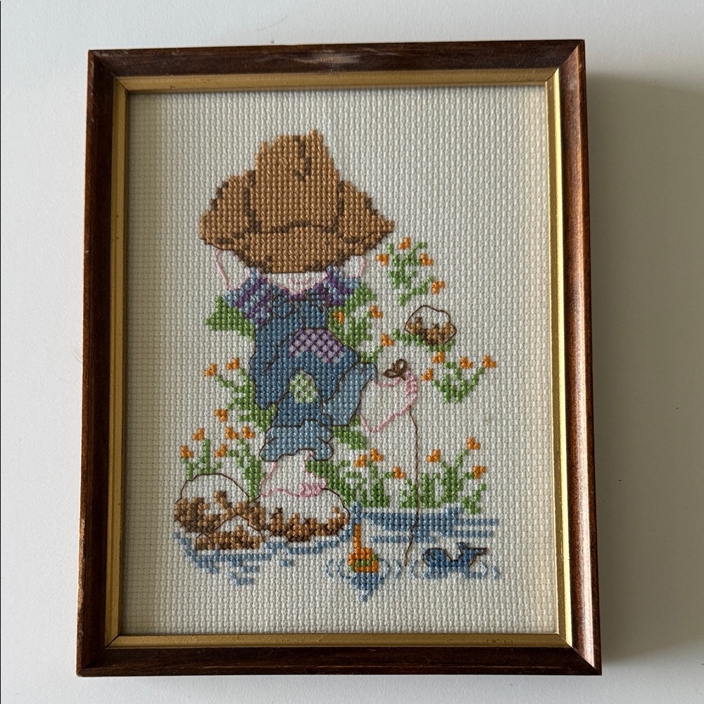 Framed Cross-Stitch Art with Boy and Flowers